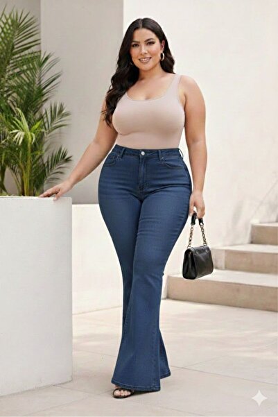 FİVA JEANS يبرز انحناءات الجسم واسع الأرجل بنطال جينز مرن عالي الخصر مقاس كبي...