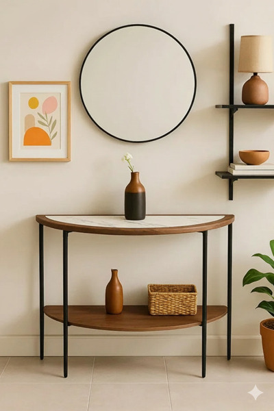 NZONE STORE Half-moon console table with marble top - 119 x 75 x 43 cm. A distinctive table for a modern entryway.