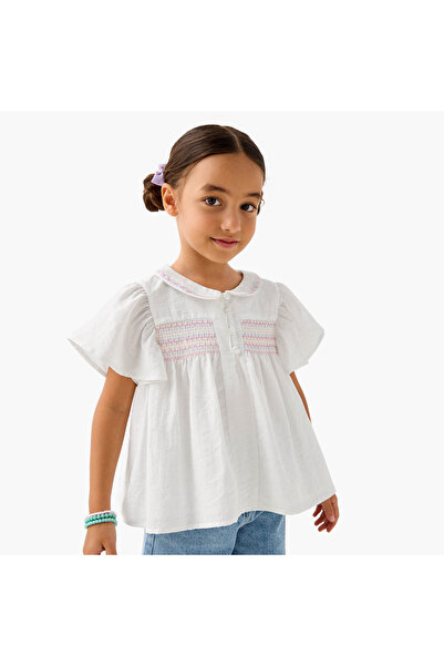 ELIGO Smocked Detail Collared Top with Flutter Sleeves