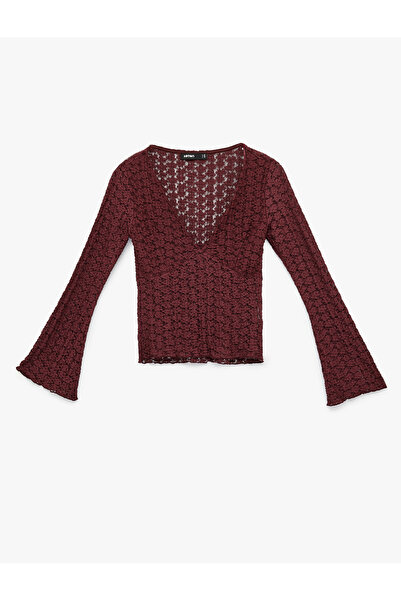 Koton slim fit Tricou lung din dantelă cu mâneci spaniole și decolteu în V