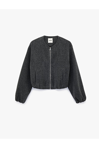 Koton Kaşe Bomber Ceket Crop Bisiklet Yaka Fermuarlı Cepli Uzun Kollu
