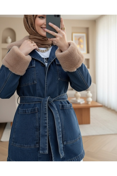 HİJABAYA Τζιν μπουφάν με γούνινο γιακά και μανίκια, με δετό μπροστινό μέρος κ...