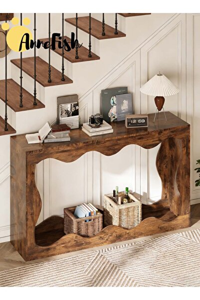 AnneFish 140*30*90cm Farmhouse Entryway Long Narrow Couch Console Table Wooden Curvilinear Sofa Table