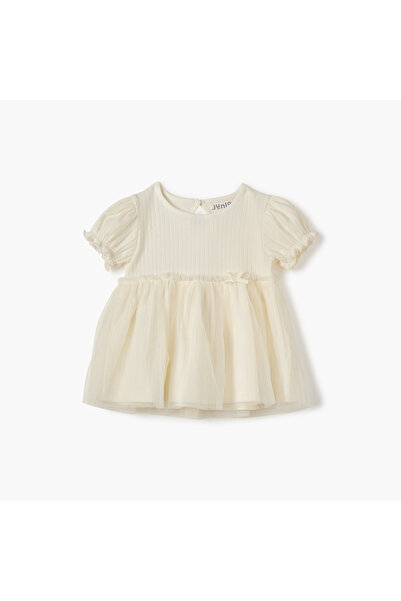 Juniors Ribbed A-line Dress with Round Neck and Tulle Skirt Detail