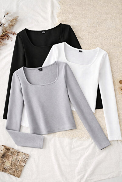 ÖZ PAMUK 3 ΤΕΜ. Μπλούζα με τετράγωνο γιακά Basic SOLID υφασμάτινη μακρυμάνικη...