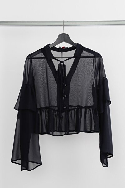 Pinn Lacivert Fırfırlı Şifon Gömlek