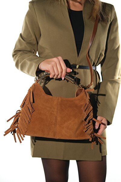 LuviShoes Astren Tan Suede Genuine Leather Tassel Women's Shoulder Bag