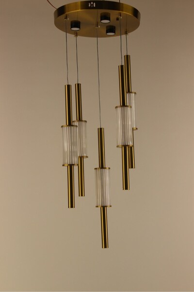 GN GEN AYDINLATMA Lüks Antik Bronz Çemberli Serisi 5li Çubuk Formlu Buzlu Cam...