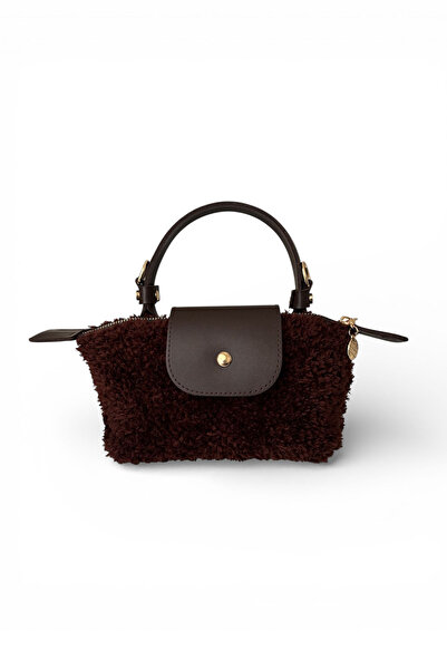 CEYBAG Kadın Küçük Deri Kapaklı Peluş Örgü El Çantası / Omuz Çantası- Acı Kahve