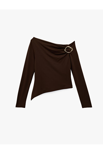 Koton Slim Fit Asymmetric Collar Metal Accessory Long Sleeve T-Shirt