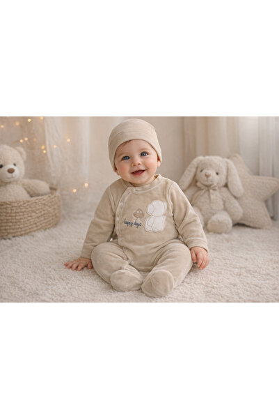 Hayat 236-12-25 Baby Boy Velvet Jumpsuit with Hat Set Soft Textured Daily Com...