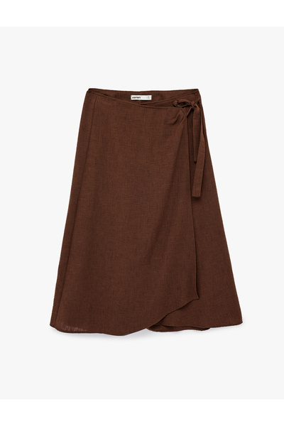 Koton Linen Look Asymmetrical Tie Detail Double-Breasted Midi Skirt
