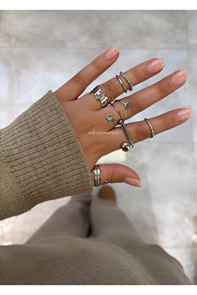 aksesuaris 8-Piece Silver Color Women's Ring Set