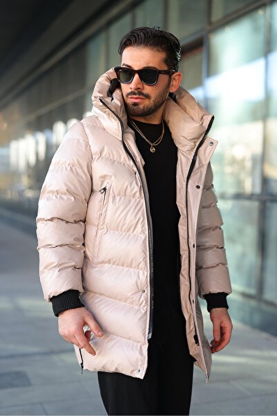 RHONES Men's Winter Leather Coat with Hooded Side Zipper Detail