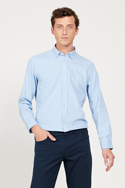 ALTINYILDIZ CLASSICS Cămașă cu guler cu croială nasturi, albastru deschis, flanel Oxford, iarnă slim fit