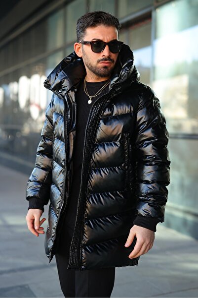 RHONES Men's Winter Leather Coat with Hooded Side Zipper Detail