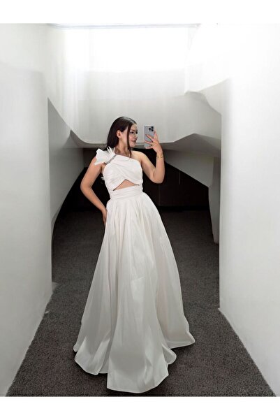 OLA Royal One Shoulder Taffeta Satin White Evening Dress