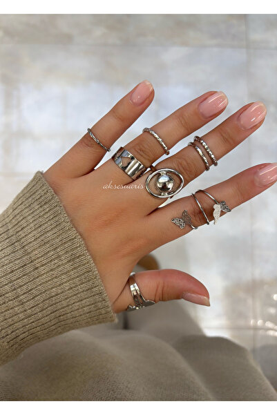 aksesuaris 8-Piece Modern Women's Silver Color Ring Set