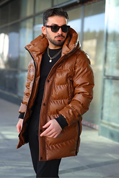 RHONES Men's Winter Leather Coat with Hooded Side Zipper Detail