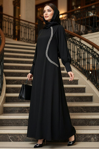 N.S NEVA STYLE - Bead Detailed Black Hijab Satin Evening Dress 62281S