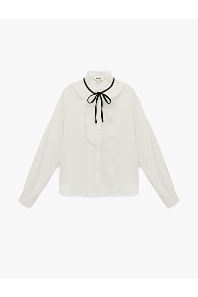 Koton Long Sleeve Contrast Piped Bow Detail Stand-Up Ruffle Collar Shirt