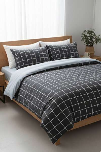 LaLiva Black Checkered Double Size Fitted Sheet-Elastic Cotton Bedding Set-