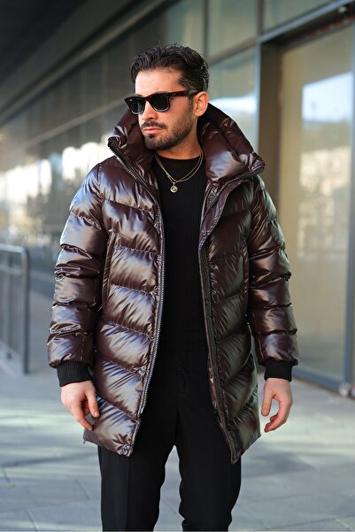 RHONES Men's Winter Leather Coat with Hooded Side Zipper Detail