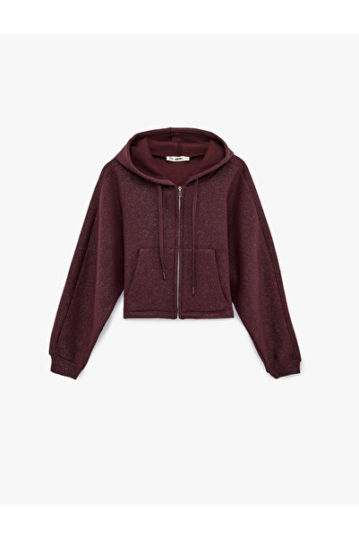 Koton Shardonlu Hooded Printed Glitter Pocket Detailed Zippered Sweatshirt