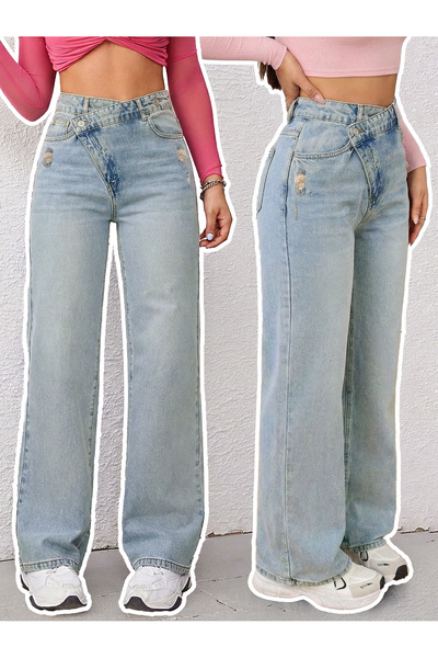 Shevadne Kadın Açık Mavi Yüksek Bel Asimetrik Düğmeli Yırtık Detaylı Geniş Bo...