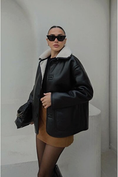 BRTC design Women's Black Double-Sided Plush Leather Coat