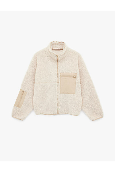 Koton Oversized Plush Jacket with Long Sleeves and Zippered Pocket Detail
