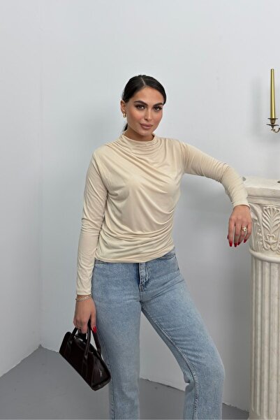 Potenza Women Blouse Draped Long Sleeve Sandy Fabric High Collar Blouse