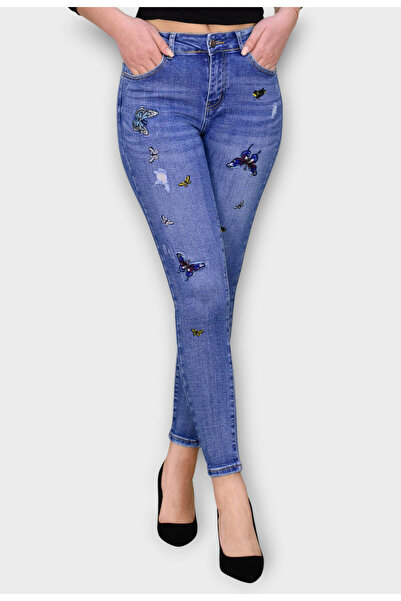 Elis Fashion Blue Skinny Jeans with Embroidered and Printed Butterflies