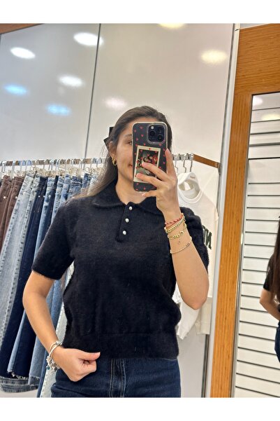 inmuse Stone Button Polo Neck Short Sleeve Knitwear