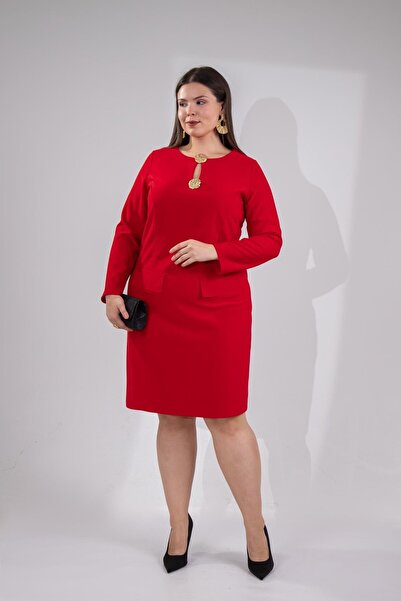 Roxxlen Rochie roșie cu nasturi pentru femei de mărime mare