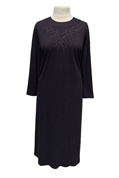 Giyinen Mağazaları Dilara Round Neck Embroidered Stone Embroidered Large Size m Transitional Combed Cotton Dress