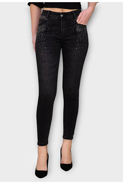 Elis Fashion Blugi Negri Skinny cu Talie Inalta si Cristale Aplicate