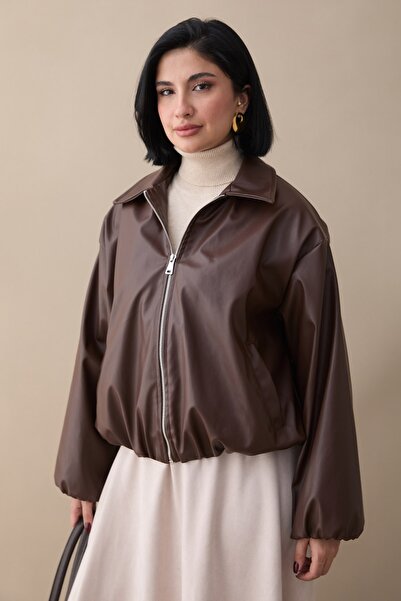 InStyle Short Leather Bomber Bitter Brown Jacket