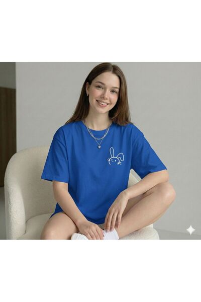 BW Bravely Wear تيشيرت نسائي أرنب مطبوع قصة فضفاضة أزرق بلون الكوبالت أزرق