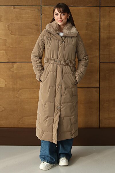 Olcay Fur Collar Detailed Zipper Patterned Quilted Long Coat S.Brown 6801