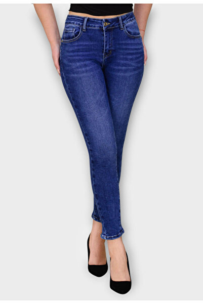 Elis Fashion High Waisted Skinny Navy Jeans with Split Hem