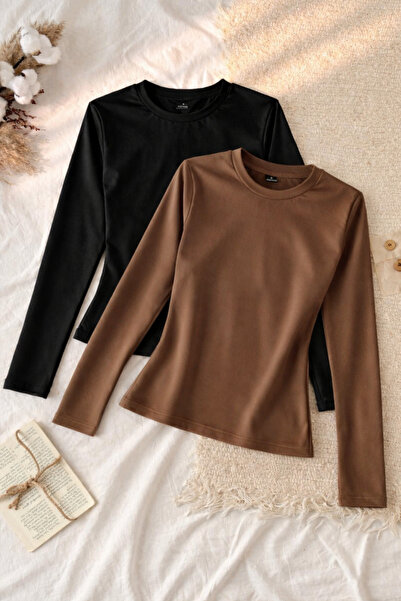 ÖZ PAMUK 2 Pcs Crew Neck Basic Long Sleeve Stretch Fabric Solid Blouse