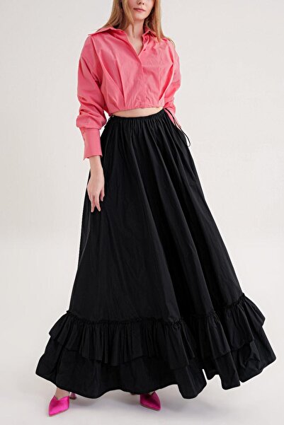 SOCIETA Siyah Beli lastikli ve kordonlu uzun etek 81327