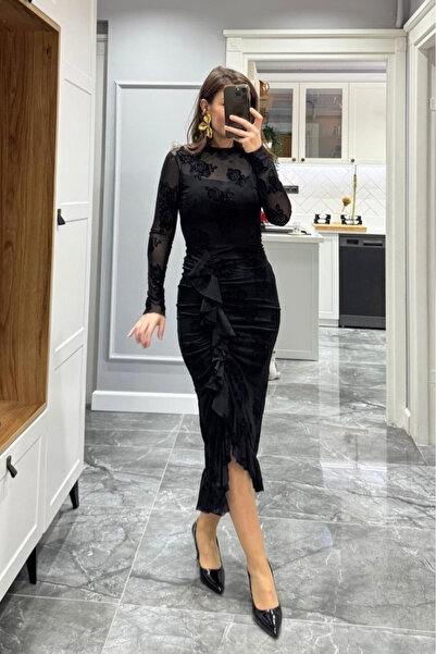 My Blog Black Patterned Draped Dress - 251143