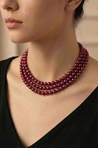 Pemila Design Bordo Üç Sıra İnci Kolye - Katmanlı Şık Tasarım Kadın Kolye Öze...