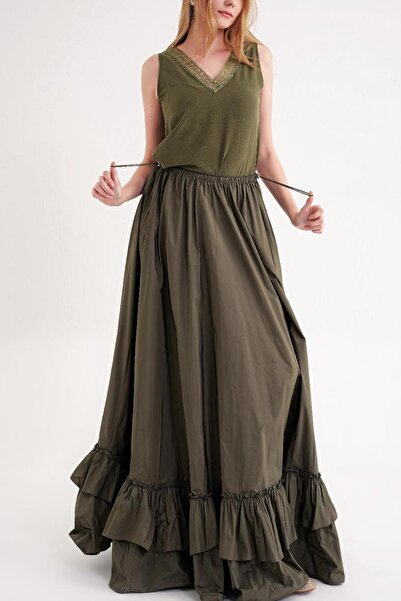 SOCIETA Haki Beli lastikli ve kordonlu uzun etek 81327