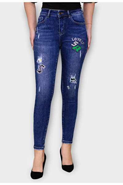 Elis Fashion Navy Skinny Jeans with Prints and Crystals