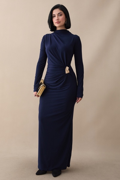 InStyle Navy Blue Sandy Dress with Gathered Side Brooch