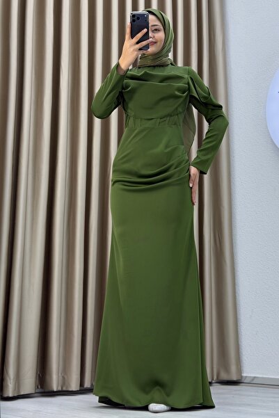 Matik Abiyem Breast Draped Asymmetrical Top Detailed Long Sleeve Mock Neck Slim Fit Silhouette Tall Length Stylish Evening Dress
