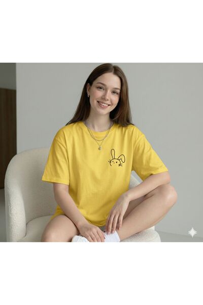 BW Bravely Wear تيشيرت نسائي أرنب مطبوع قصة فضفاضة أصفر